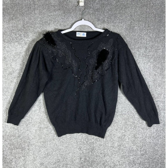 Vintage D.G. Wool Knit Sweater Top Womens Sz M/L Black Sequin Beaded Embroidery - Picture 1 of 12